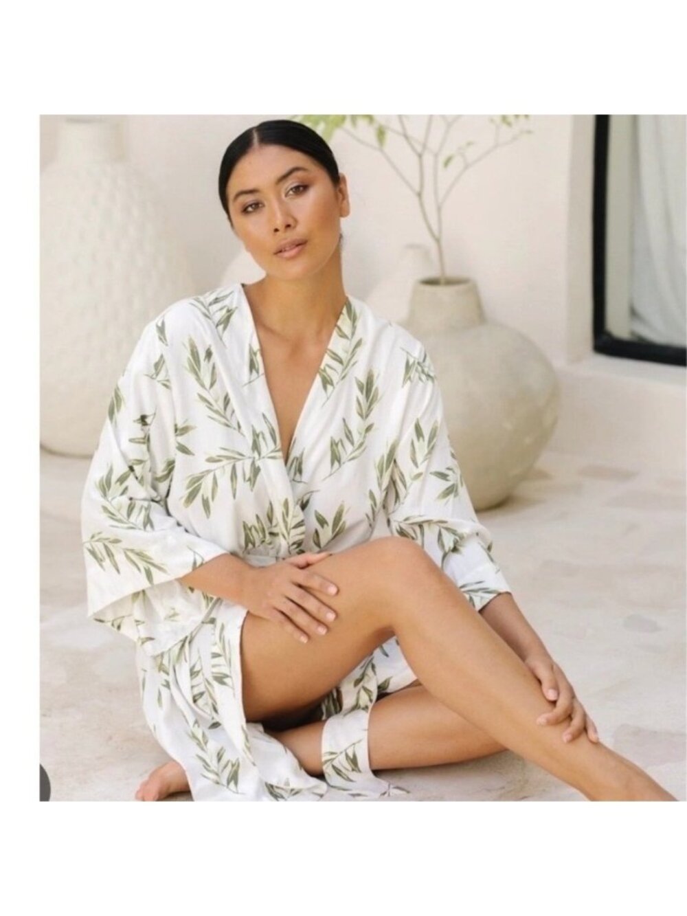 NWT Piyama Short Kimono Robe PJ Olive Leaf Print White Green - XS